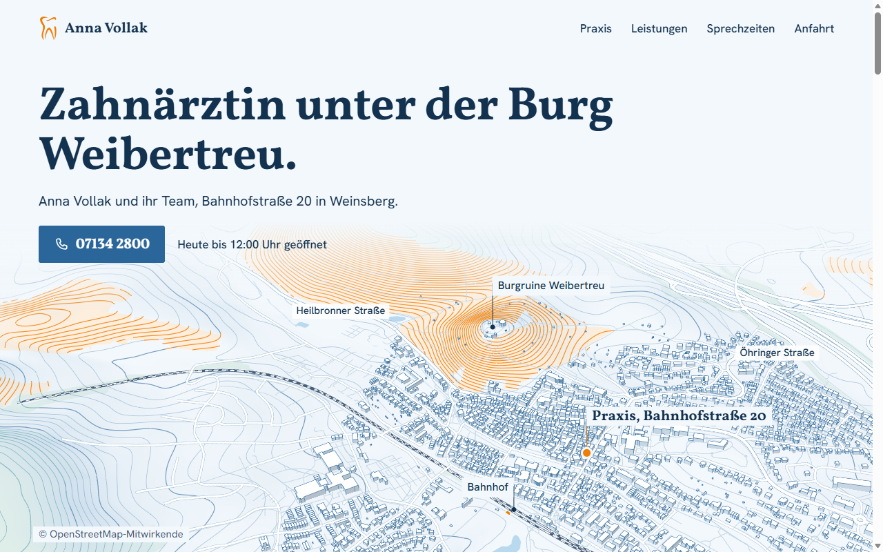 Richtung B: Weinsberg als 3D-Stadtplan mit Burg, Bahnhof und Praxis